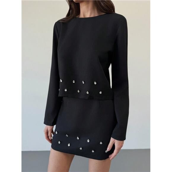Rhinestone Decor Round Neck Long Sleeve Top And Mini Skirt, Autumn - Picture 6 of 6